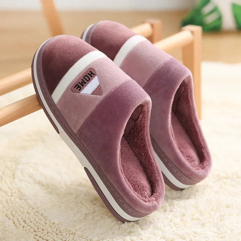 Classic Men Slippers Winter Warm Cotton Slippers For Men Home Wear-Resistant Stripe Non-slip Indoor Slides Couple Women Shoes