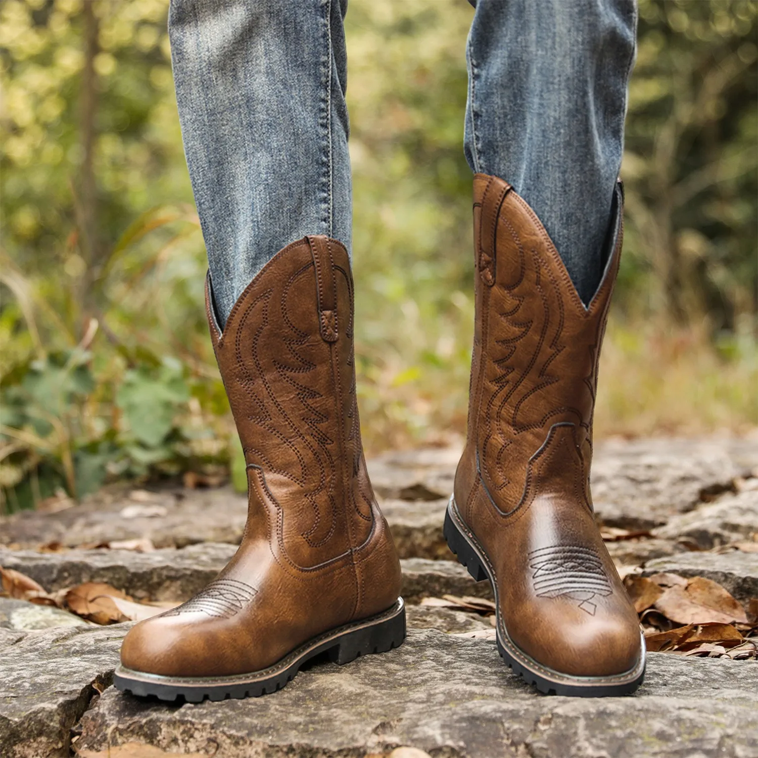 Men Mid-calf Boots Handmade Retro Western Cowboy Boots Slip on Shoes Casual Shoes Zapatos Hombres Unisex Women Knight Boots