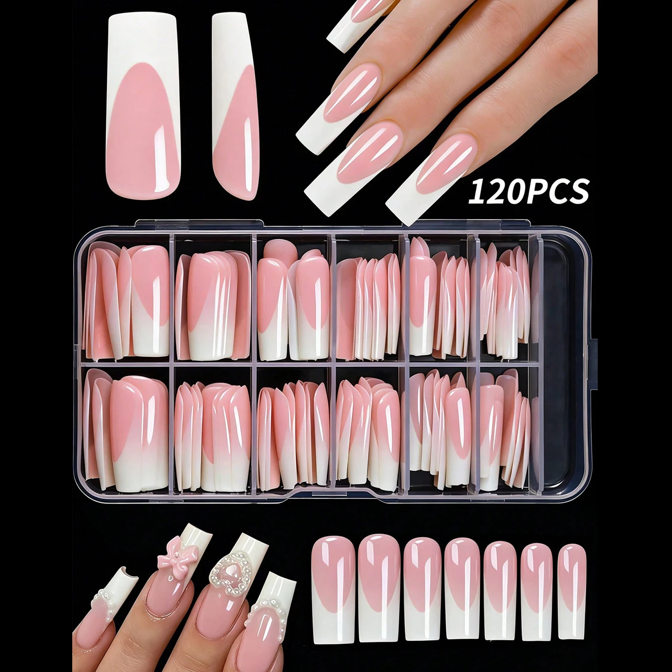 120 PCS Per Box Of Light Pink French-Style Artificial Nail Art Set, 120 Coffin-Shaped Glossy Full Coverage Artificial Nails