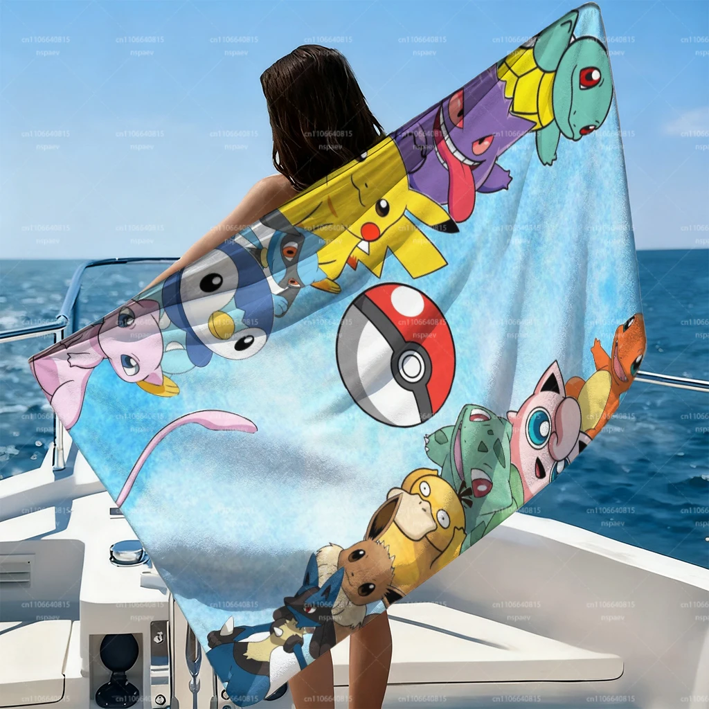 Pokemon Pokeball Strandtuch, Mikrofaser-Handtuch mit Pikachu & Freunde Cartoon-Print, Schnelltrocknendes Sandfreies Schwimmtuch für den Sommerstrand
