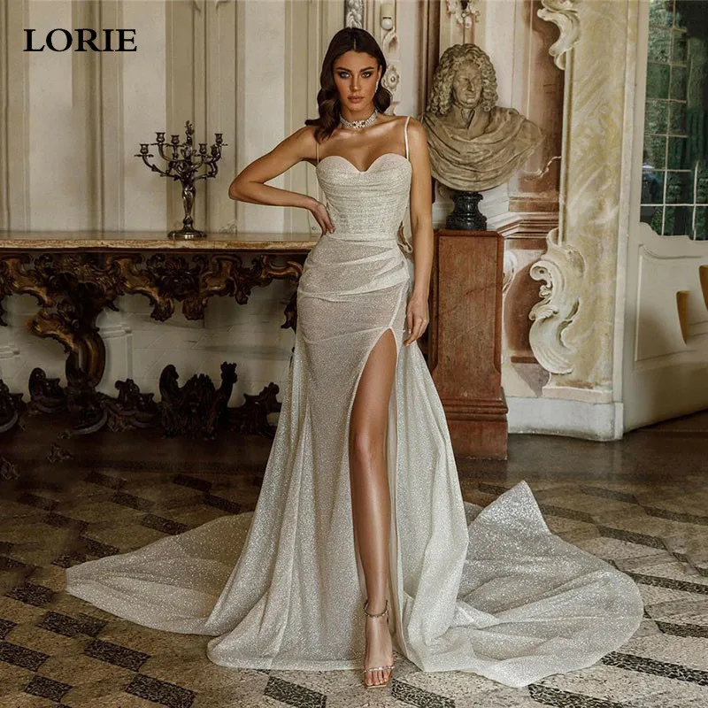 

LORIE Sexy Spaghetti Straps Mermaid Wedding Dresses Shiny Glitter Tulle Sweetheart Bride Gown Side Split vestidos de novia