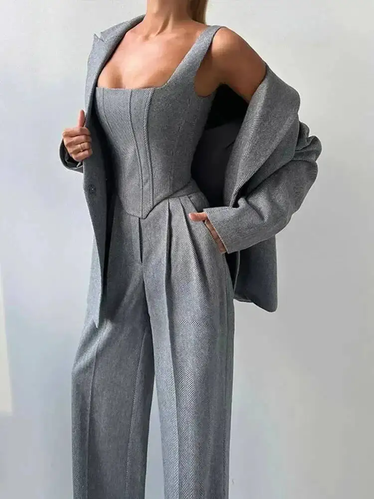 2026Temperament Fishbone Top Blazer Pants Sets 3 Pieces For Women Solid Jacket Crop Tops High Waist Pocket Pant Lady Office Set