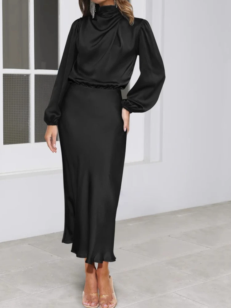 2025 otoño nuevo estilo vestido suelto de manga larga de satén de clase alta-vestido de noche elegante para mujer conjunto vestido de verano vestido Maxi