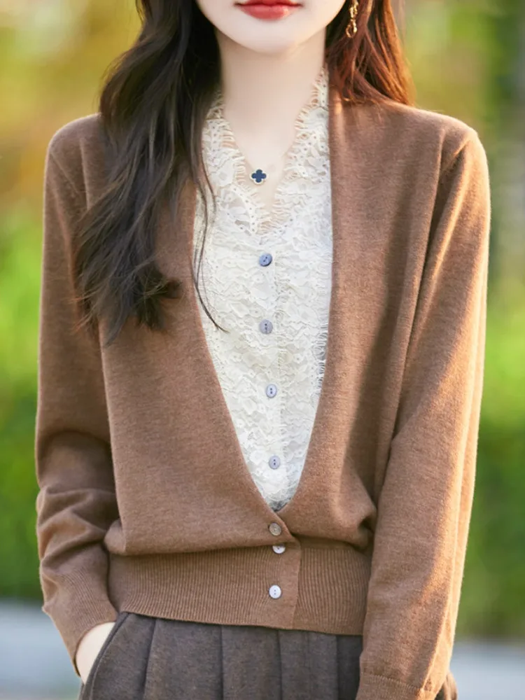 Lace Splice Knitted Open Cardigan Women's Long Sleeve Warm Base Sweater Top Premium Spun Wool Two-Piece Style Commute Fashion