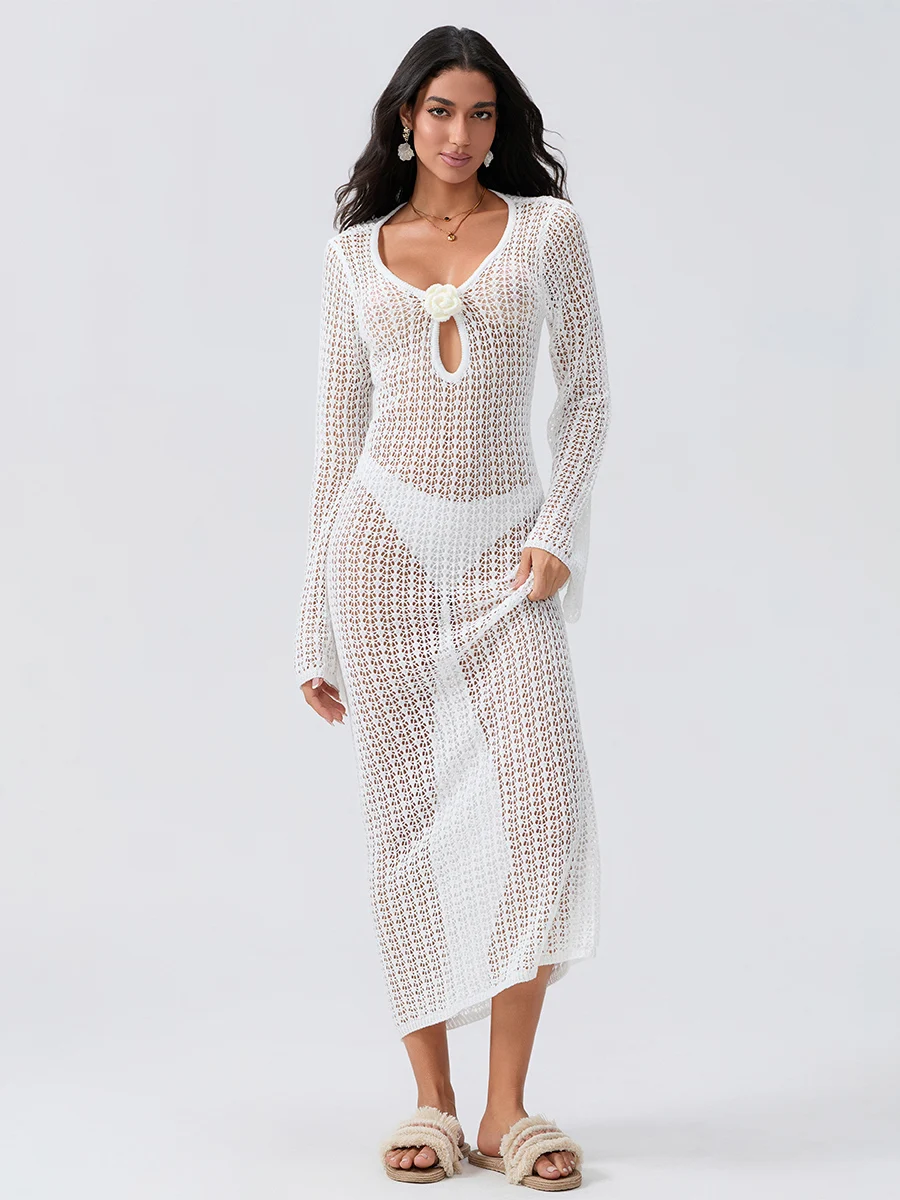 Women s Boho Crochet Knit Beach Dress with Floral Hollow Out Design Open Back and Tie-Up Long Sleeves - Stylish Cover Up Dress