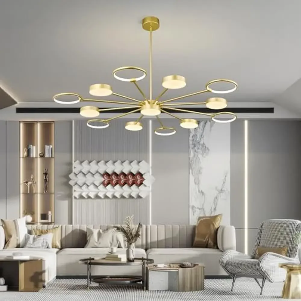 LED Modern Round Pendant Light Gold Chandelier Adjustable Height Industrial Dining Ceiling Fixture Mid Century Commercial