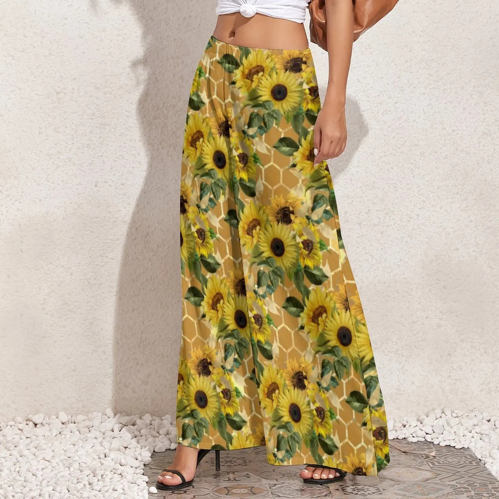 Wild Sunflower Straight Pants Yellow Flowers Print Casual Wide Leg Pants Womens Oversized Korean Fashion Print Trousers