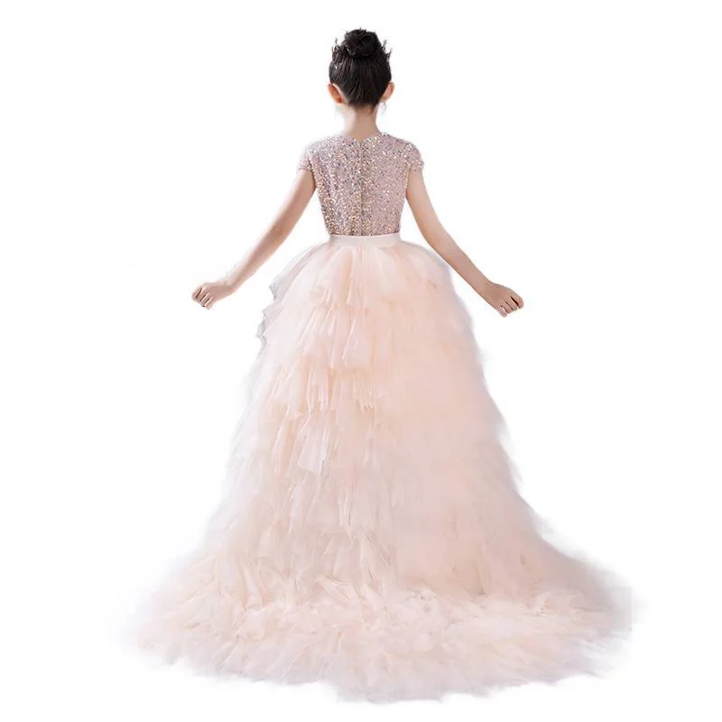 Dideyttawl Puffy Junior Bridesmaid Dress Sequin Pageant Dress Hi-Lo Birthday Party Dress For Little Girls Detachable Trailing Go