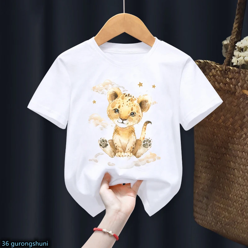 

T-Shirt For Girls/Boys Cute Baby Zebra Elephant Giraffe Lion Clouds Rainbow Cartoon Print Kids Tshirts Summer Boys Girls Clothes