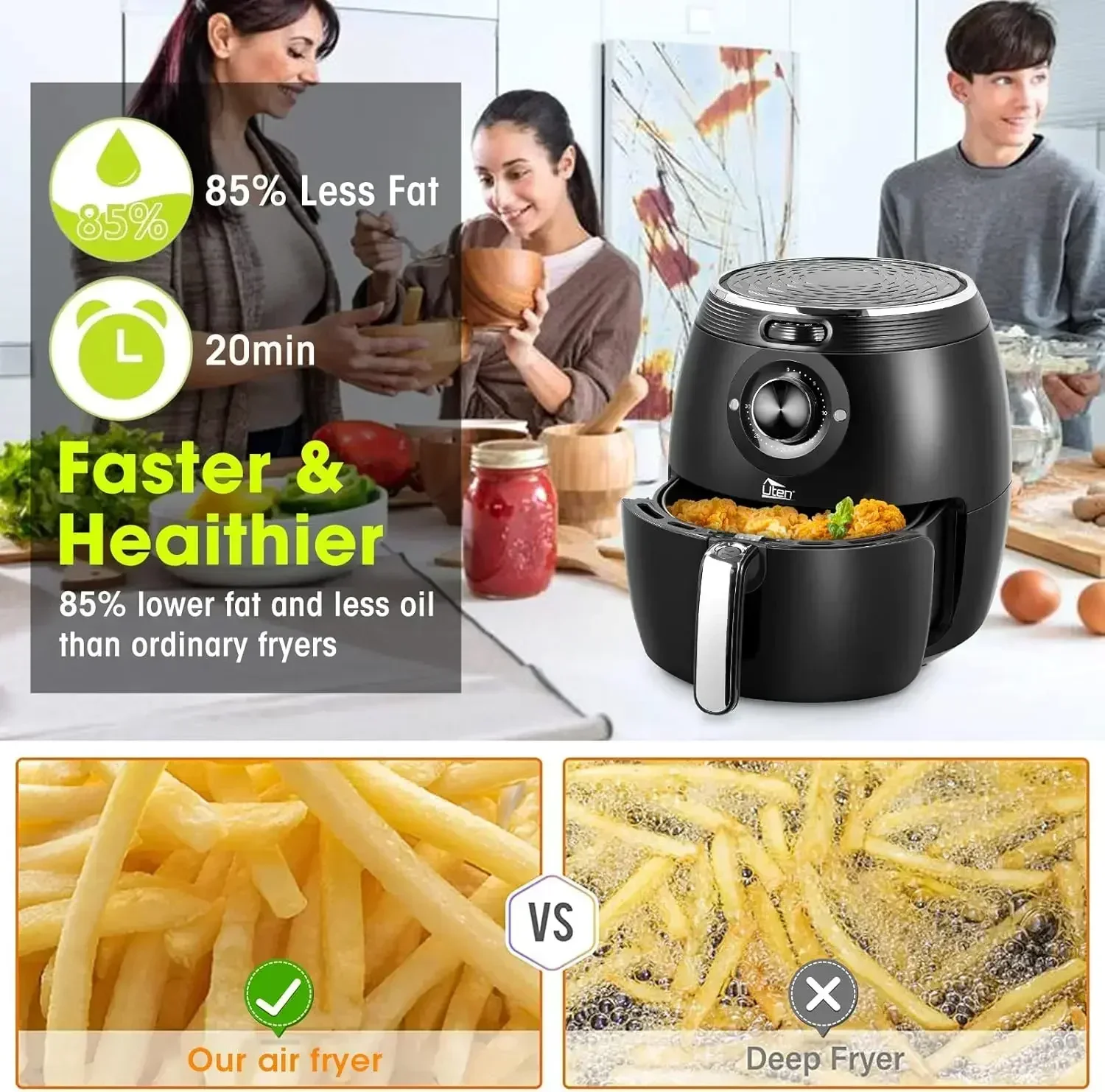 Air Fryer 5.8QT/5.5L, Uten 1700W AirFryer High-Power Electric Hot Temperature Control & Timer Knob, Non Stick Fry Basket, Dishwasher Safe, Apply to Party, Afternoon Tea, Black - view 4