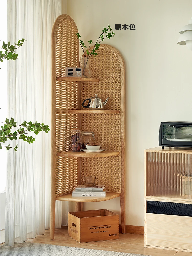 Solid wood rattan weaving shelves, corner bookshelf walls, corner terraces, living rooms, bedrooms, triangle storage