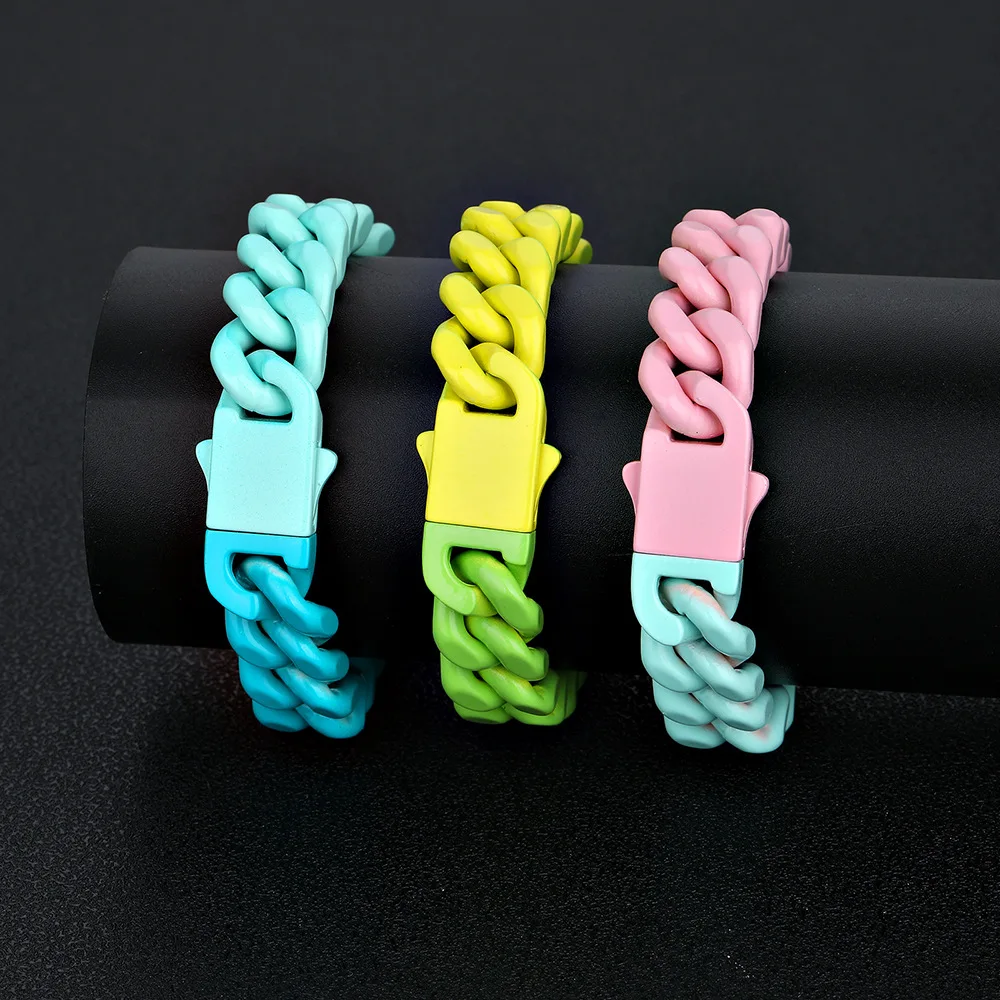 Hip Hop Stainless Steel Macaron Colorblock Cuban Bracelet Original Design Titanium Steel Not Fading Bracelet Necklace Men