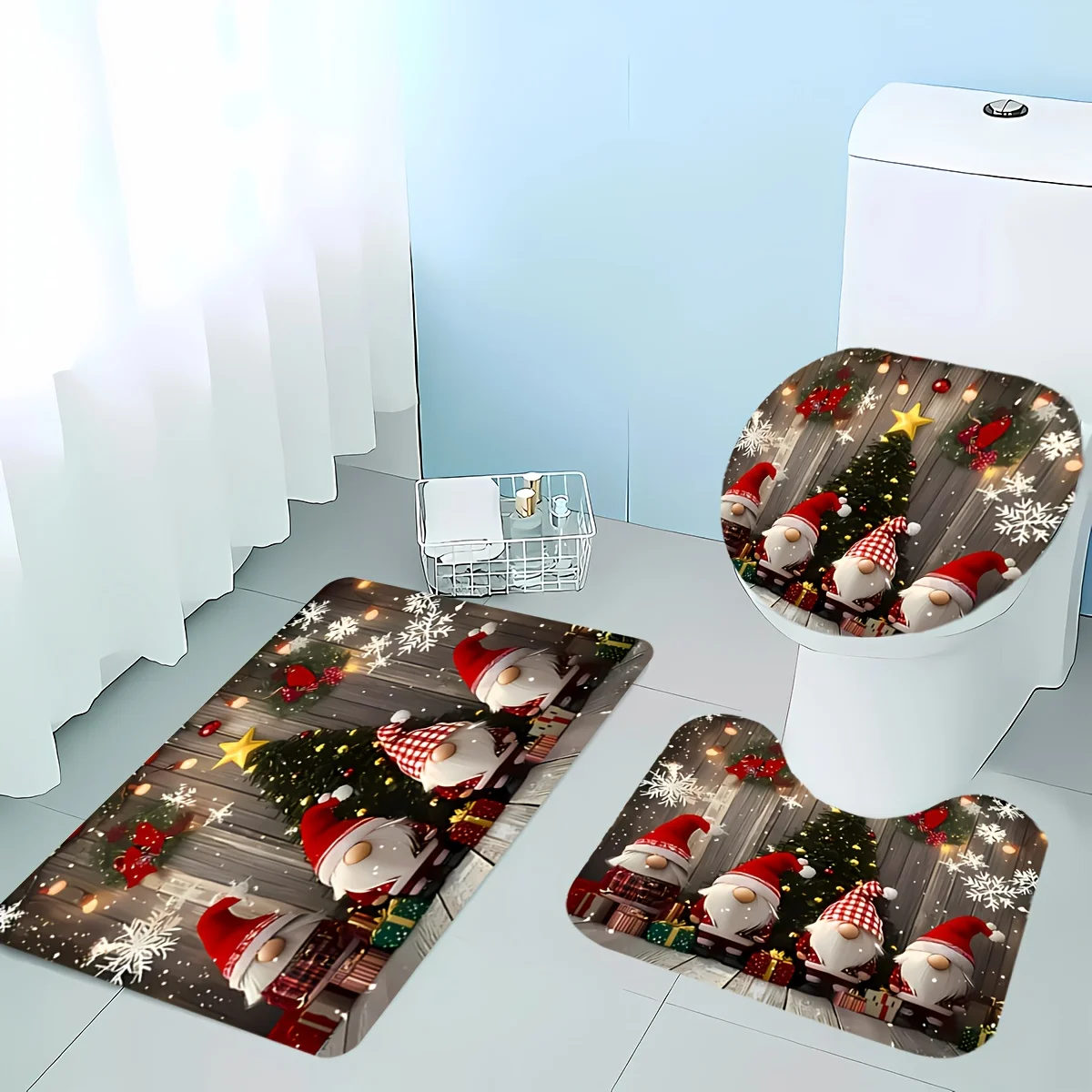 2D Flat Christmas Gnome Bathroom Mat Set, 3pcs, Wooden Background Gnome Xmas Tree Snowflake Pattern, Home Decor for Bathroom