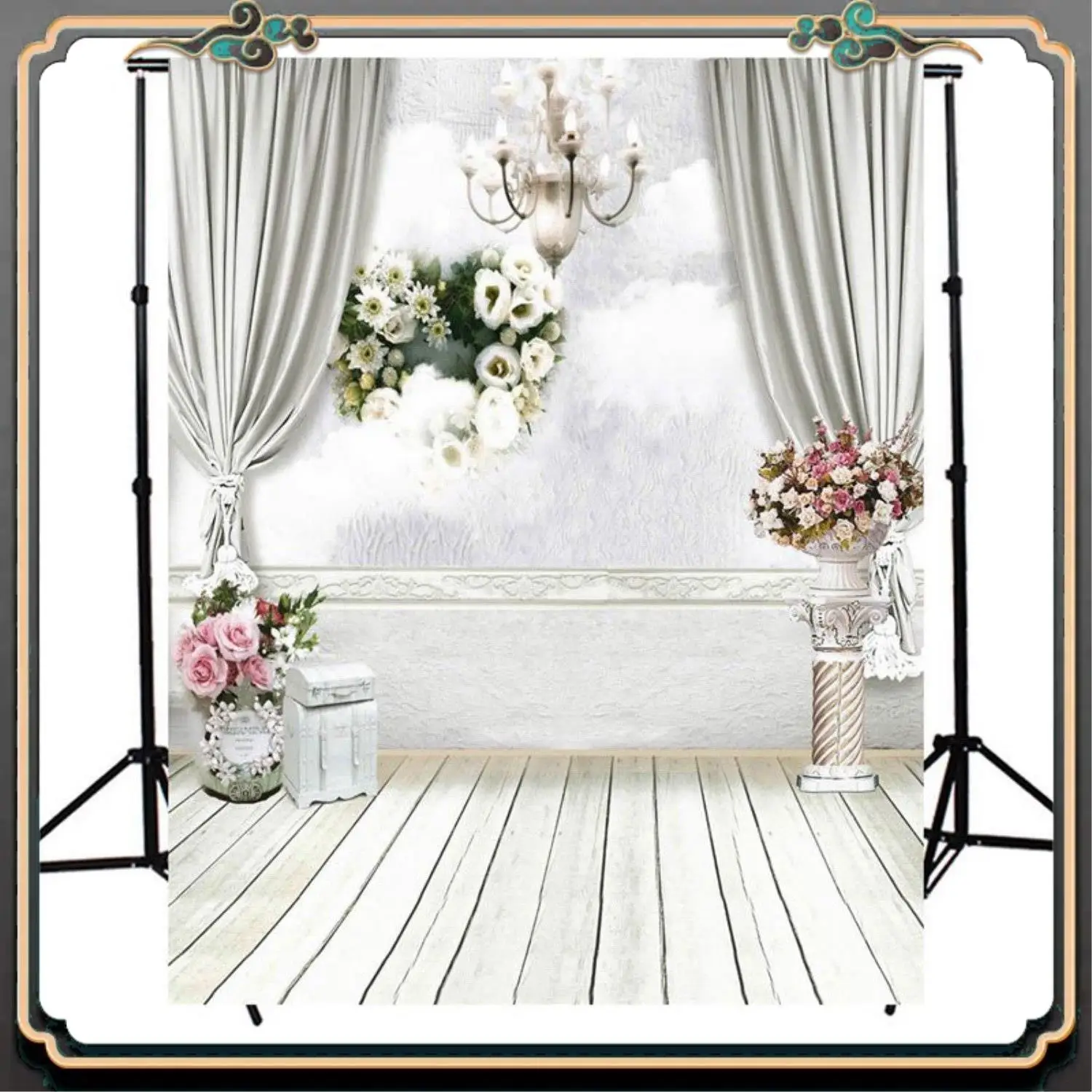 

ASMA-Castle Photography Backdrops Vinyl 5X7ft & White Curtain Backdrop Studio Flower