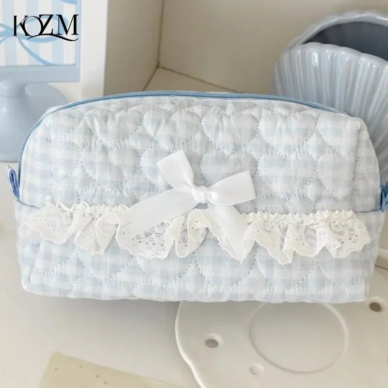 Cute Pink And Blue Checkered Lace Pencil Case Quilted Large Capacity Stationery Organizer For School Office Supplies Stor