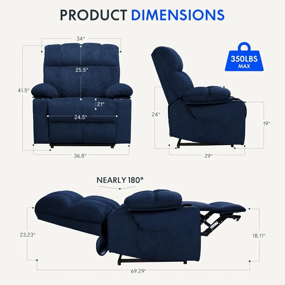 XL5 Dual OKIN Motor Power Lift Recliner Chair, Electric Lay Flat Recliner w/Massage, Lumbar Heat, USB Port, Side Pockets, Blue