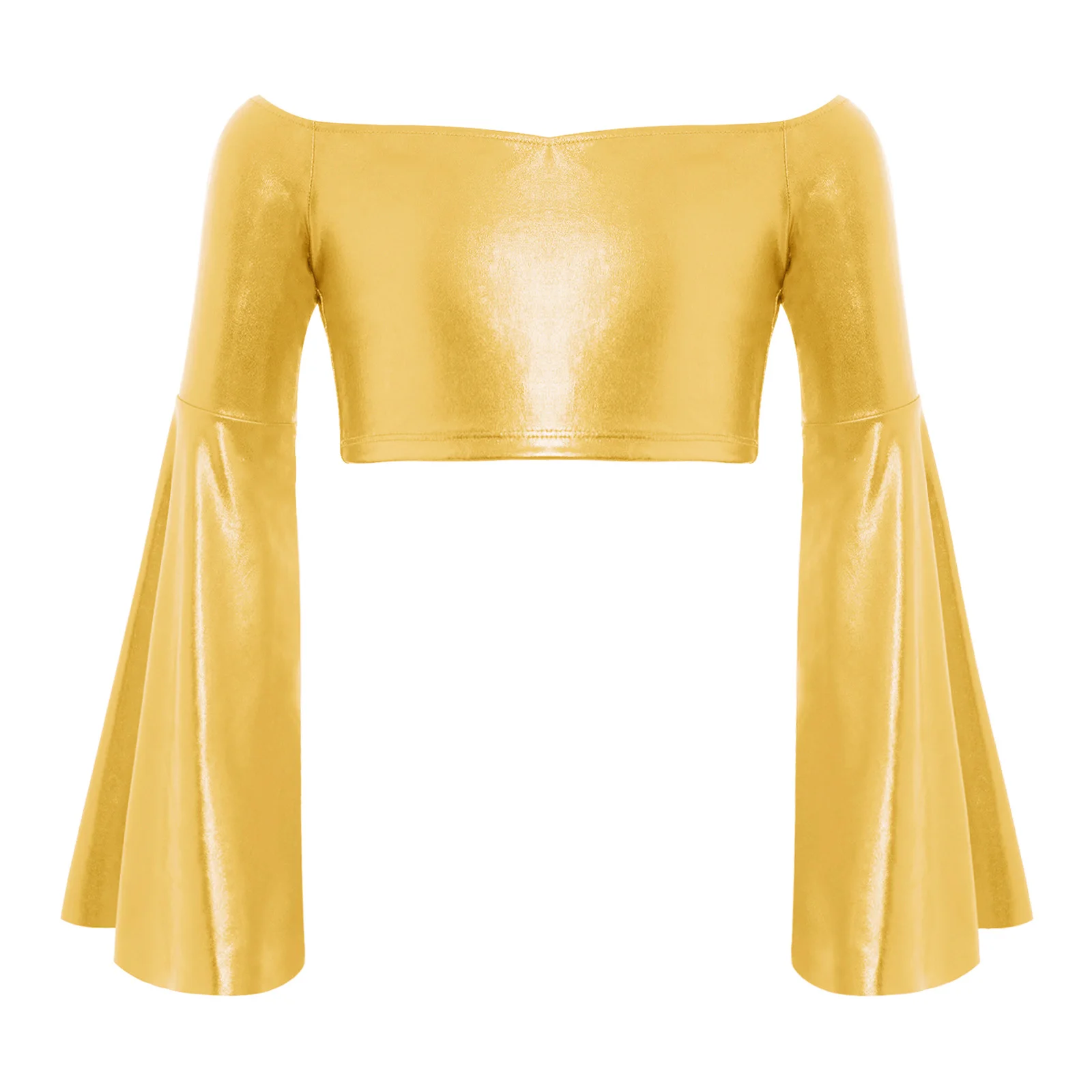 قميص علوي للفتيات لرقص الجاز بأكمام طويلة وأكتاف مكشوفة معدنية لأداء مرحلة التصوير الفوتوغرافي لحفلات أعياد الميلاد