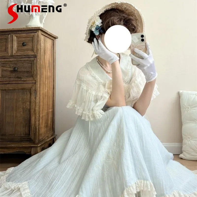 

New Original French Style Elegant Waist-Cinching Vestidos Japanese Lolita Sweet Cute Princess Dress Lace Patchwork Cape Dresses