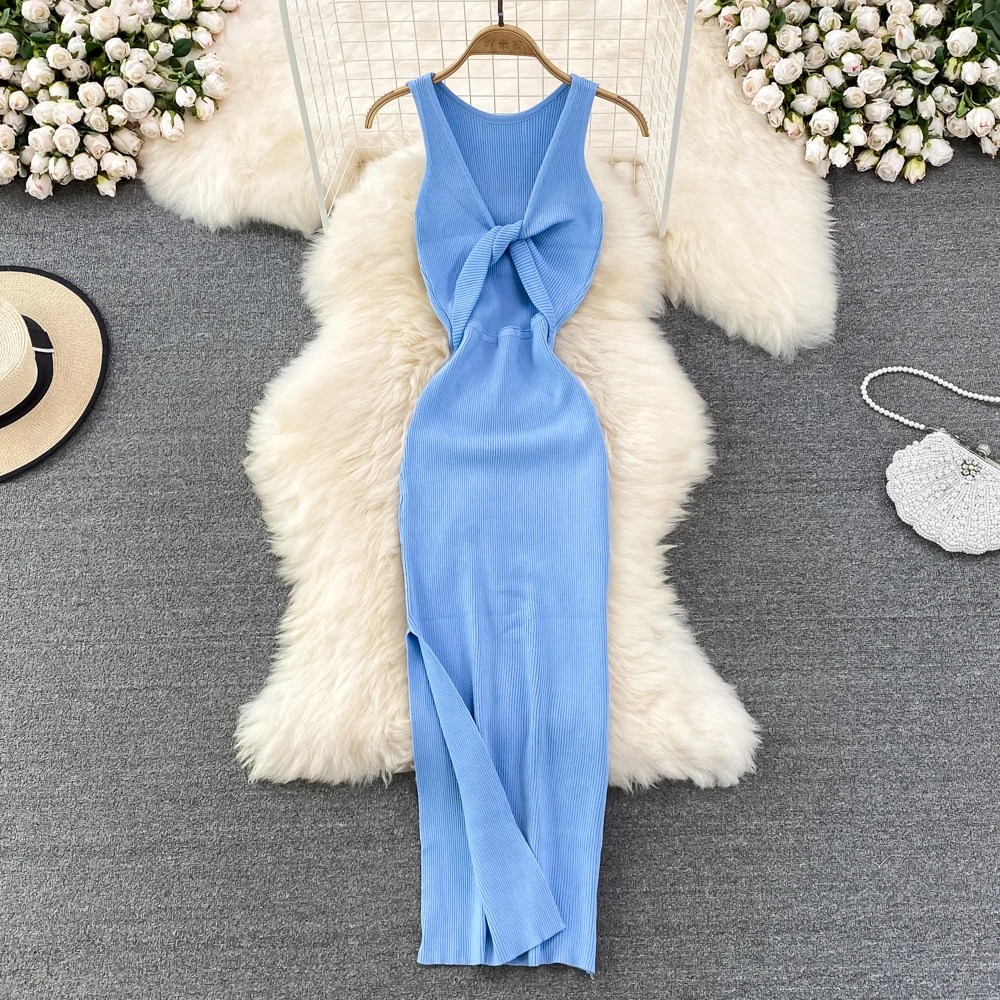 YuooMuoo Women Dress Sexy Wrap Hips Two Sides Available Split One-Piece Long Dress Fashion Knot Knitted Bodycon Party Robe Femme