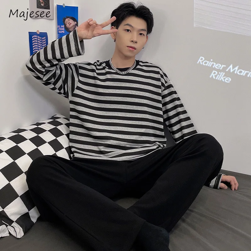 Striped Pajama Sets Men Loose Long Sleeve O-neck Tops Korean Style Homewear Simple Elastic Waist Bottoms All-match Handsome Chic