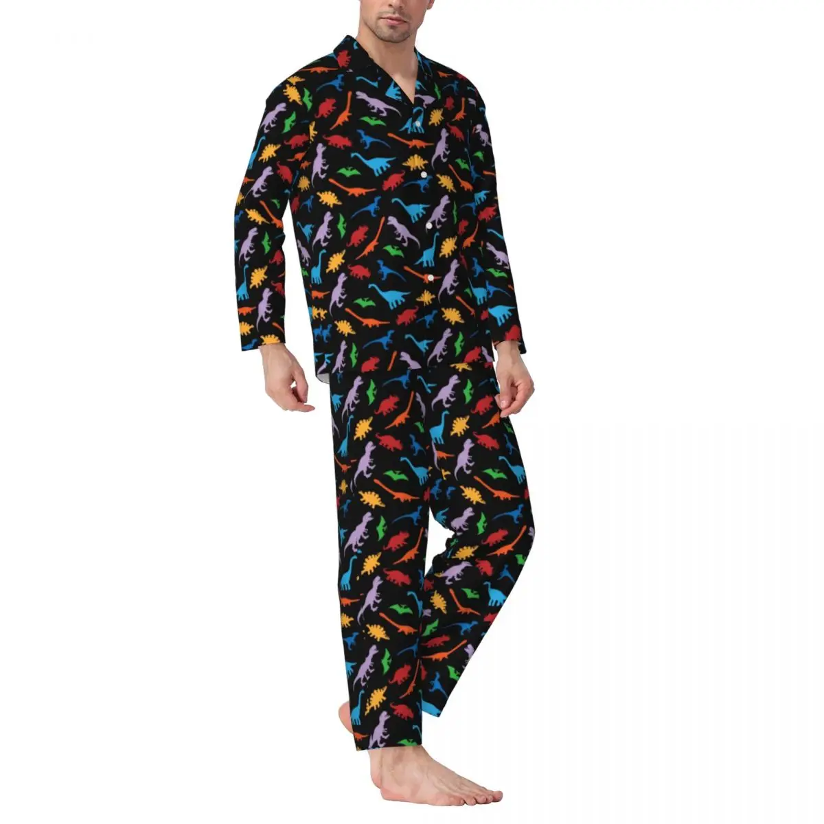 Pajamas Men Colorful Dinosaur Daily Sleepwear Cute Animal Print 2 Pieces Vintage Pajama Sets Long Sleeve Oversized Home Suit