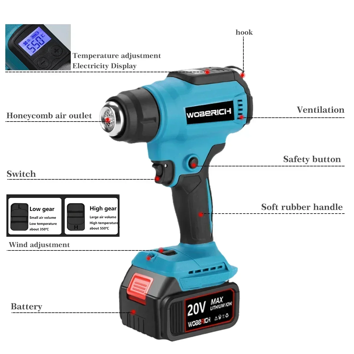 WOBERICH 18V Heat Gun Shrink Wrapping Tool Cordless Hot Air Gun Soldering Thermal Blower with LED display for Makita Makita 18V