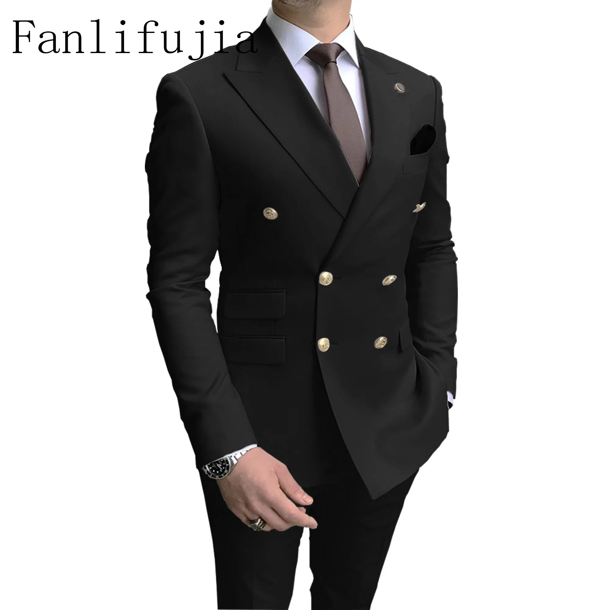 Fanlifujia Winkel Marine Mannen Party Smoking 2 Stuks Nieuwste Piek Revers Mannen Pakken Gouden Knoppen Mode Stijl Pakken Double Breasted