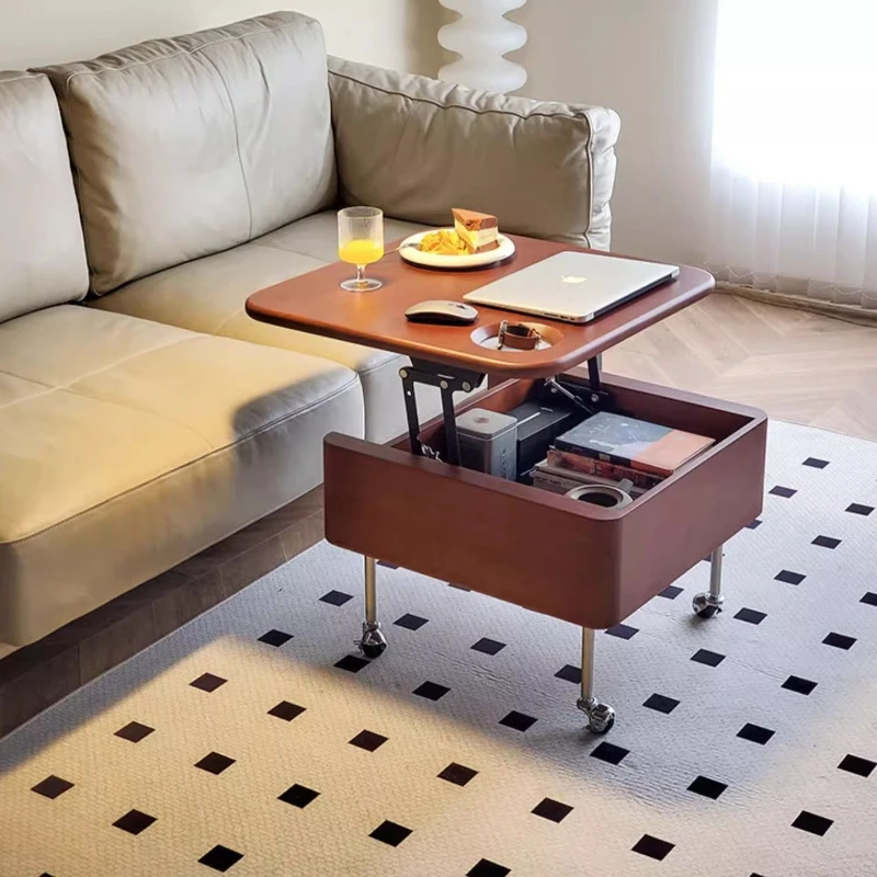 

Retro solid wood lifting coffee table movable folding multi-functional side small apartment