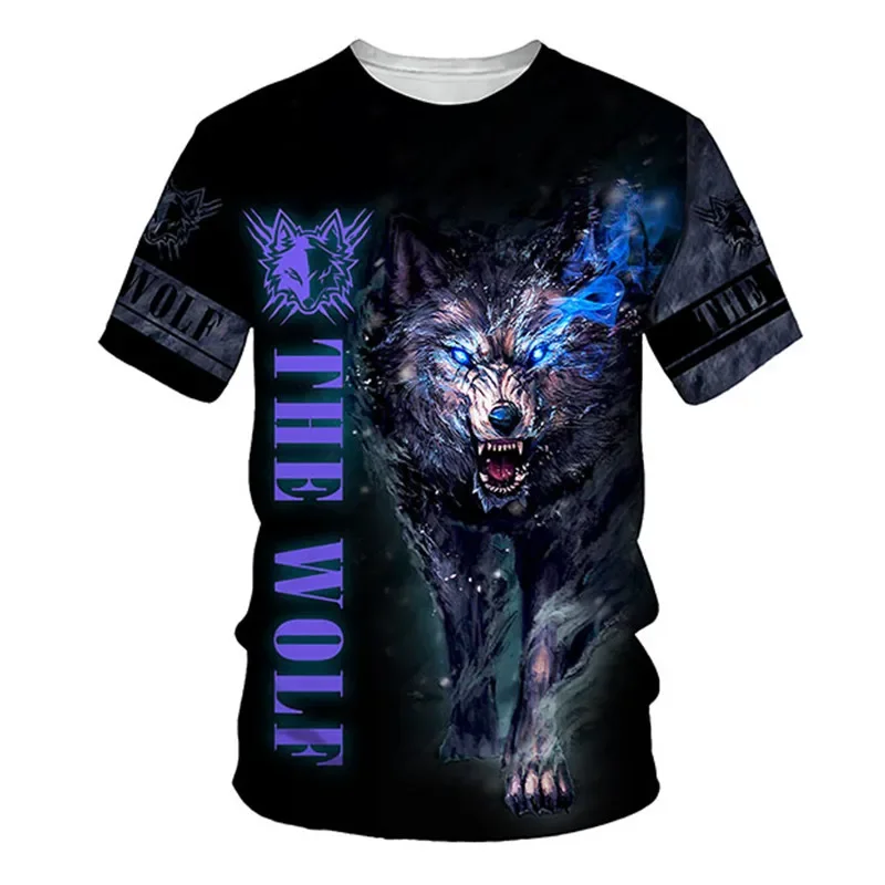 Fashion Wolf Print T Shirt For Men Hip Hop Trend Harajuku Streetwear 3D Animal Graphic T-Shirts Casual O-neck Kid Short Sleeve