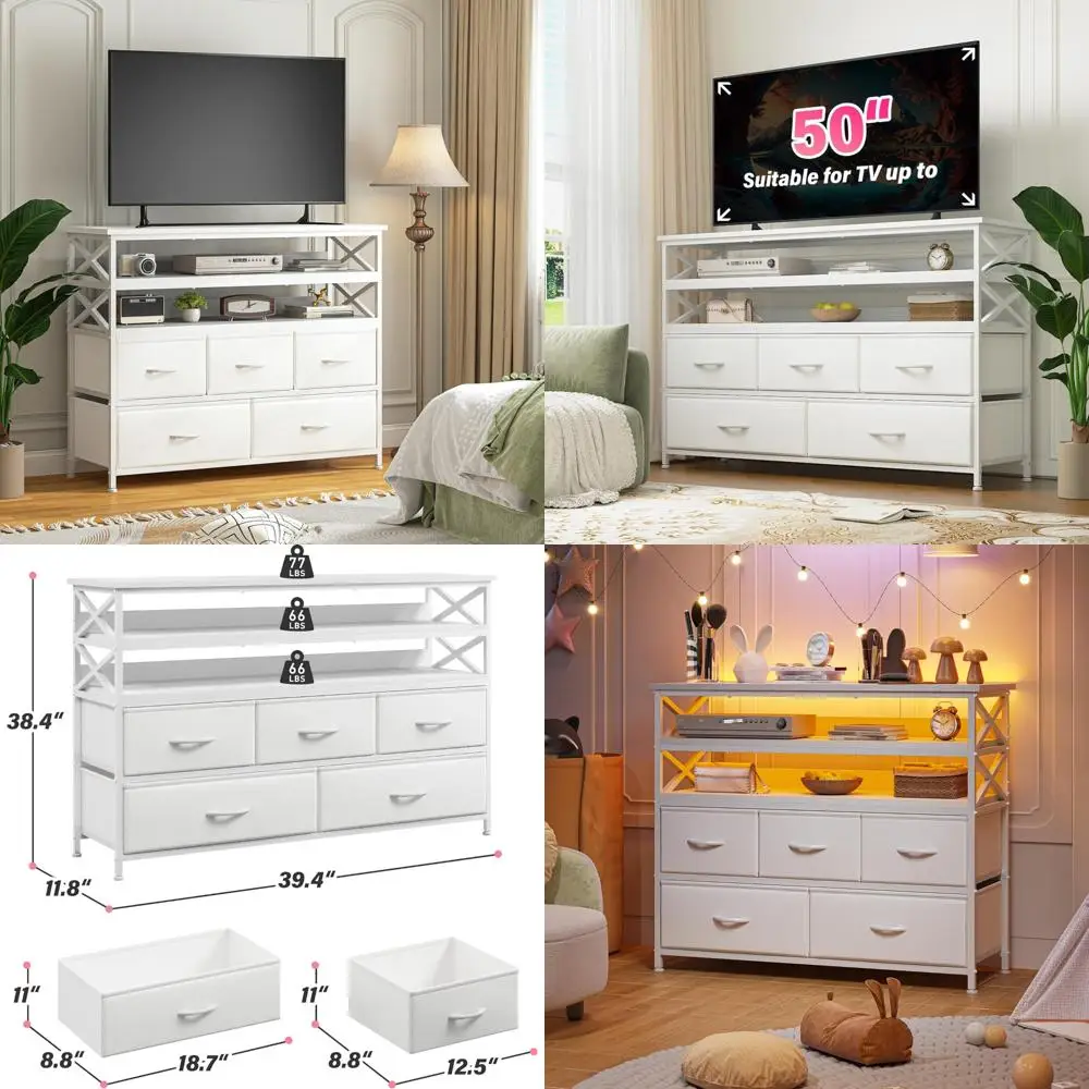 Sturdy 5-Drawer Bedroom Dresser TV Stand for 50-Inch TVs with Fabric Drawers and Wooden Shelves, Storage Chest for TVs