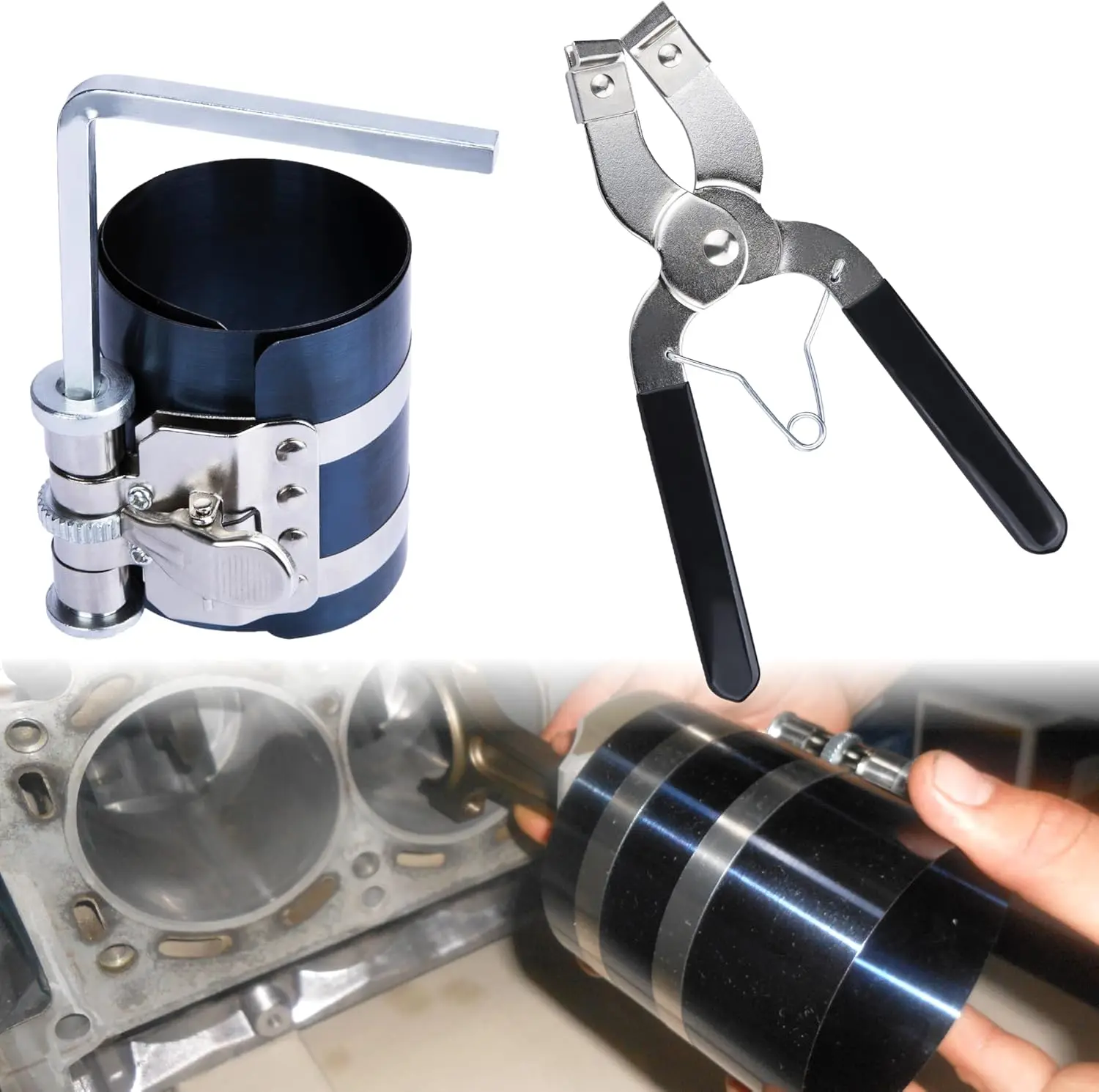 Piston Ring Compressor Tool, Adjustable Range (53mm - 175mm) with Piston Rings Pliers, Car Engine Piston Ring Installer Removal