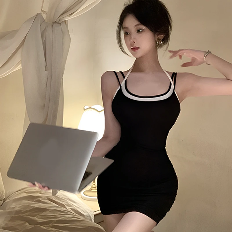 

Contrast Color Hip Wrapped Dress Women's Sexy Halter Suspender Summer Dresses