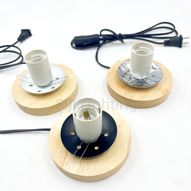E27 Socket Lamp Holder Glass Rattan Ball Lamp Base Hemp Ball Lampshade Wooden Retro Desk Light Iron Base Lighting Accessories