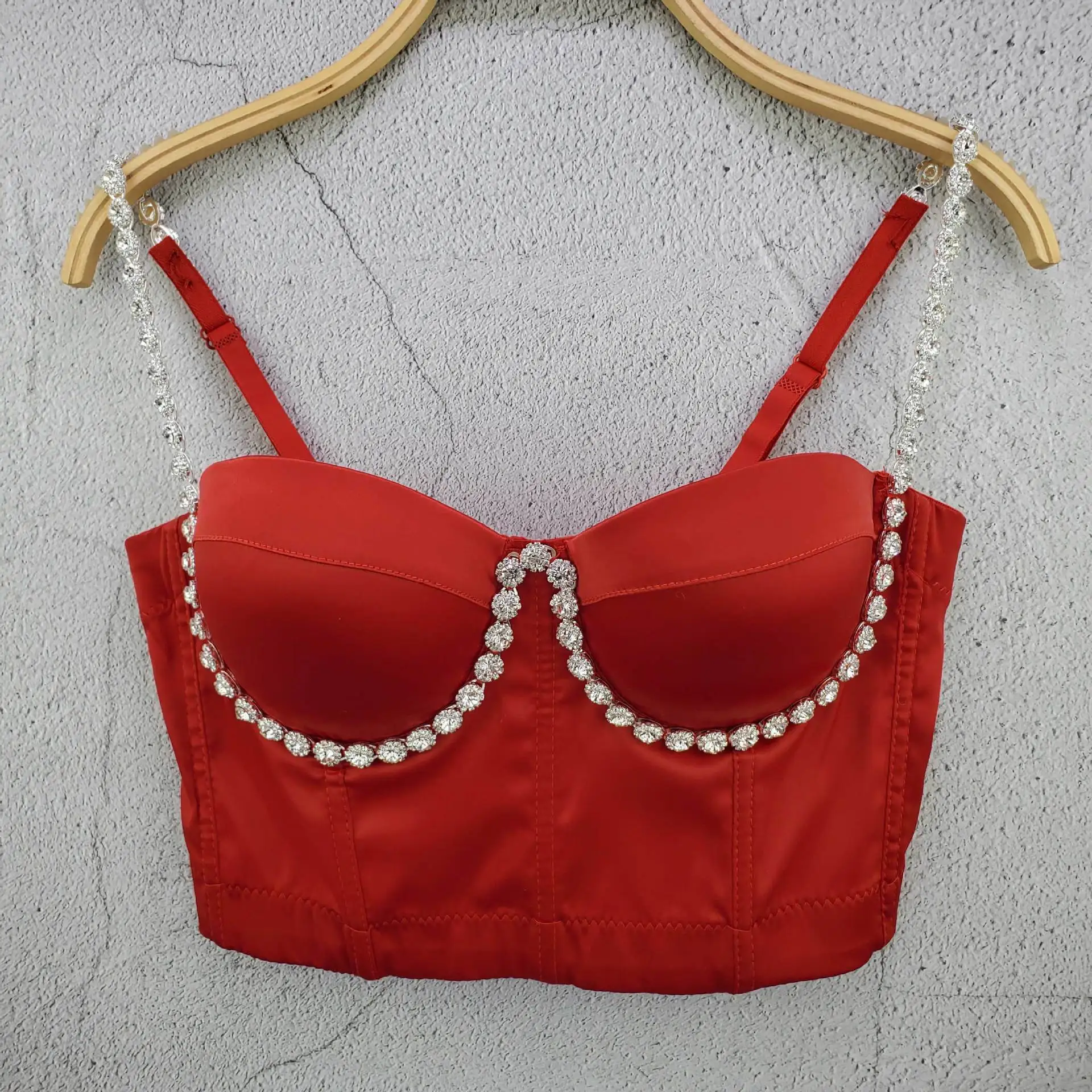 

Temperament Handmade Rhinestone Shiny Small Vest Suspender Youth Sexy Fishbone Steel Ring Top