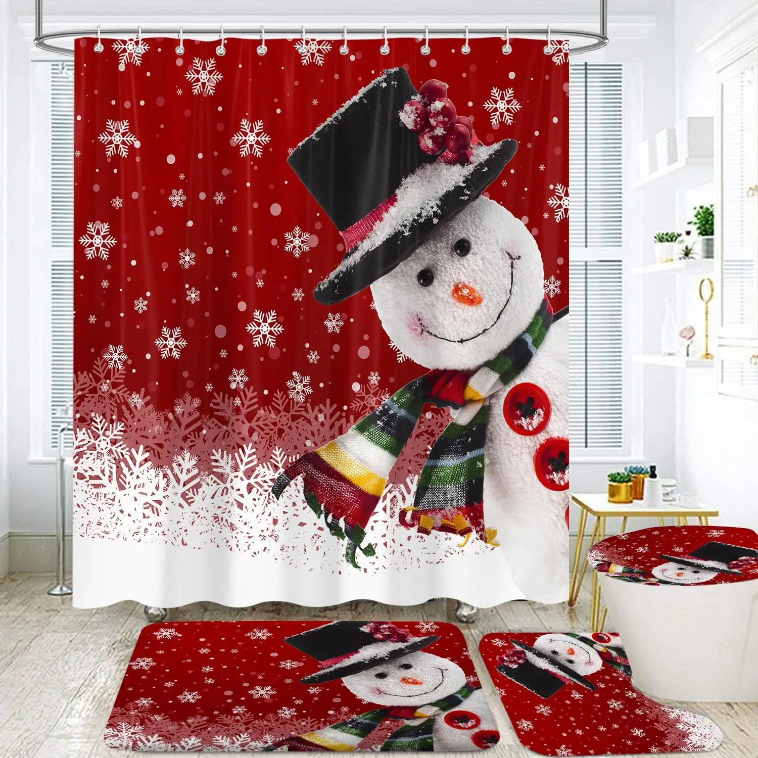 

Рождественская занавеска для душа из 4 предметов для ванной комнаты, снеговик-снежинка с нескользящими ковриками, крышка для унитаза и тканевый коврик для ванной комнаты