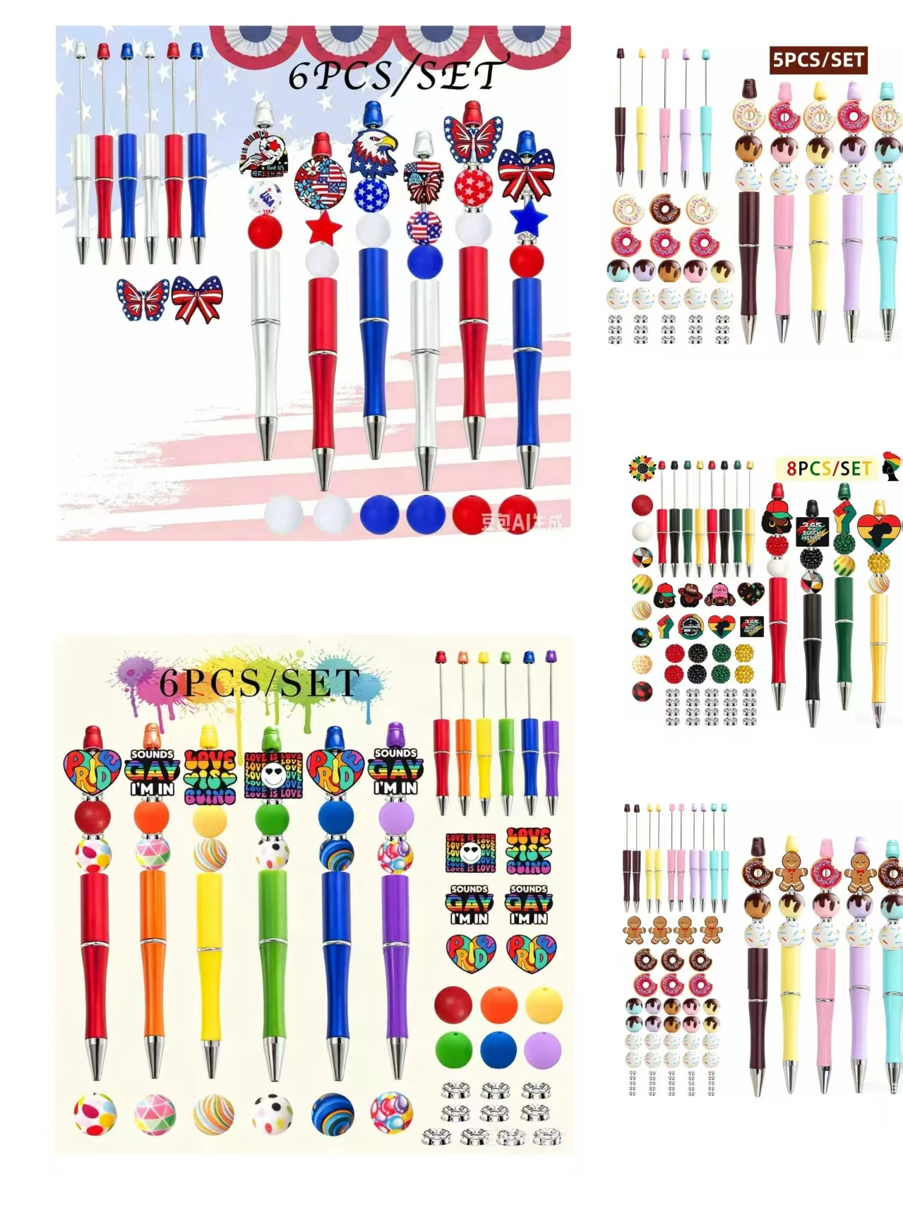 Donut Biscuit Independence Day Rainbow Theme DIY Beaded Pen Wooden Bead Set Creative Stationery Ballpoint Pen