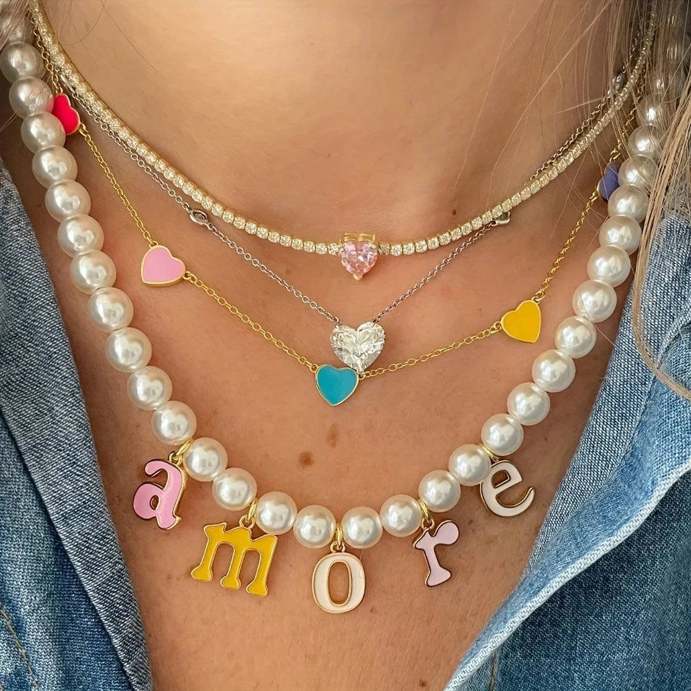 Custom Pearls Chain Initials Name Necklace Colorful Letters Rainbow Nameplate Necklace Women Jewelry(Letter Color Is Random)