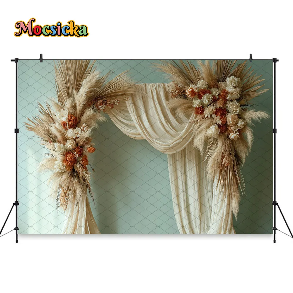 Mocsicka Rustic Boho Floral Archway Backdrop Pampas Grass Draped Curtain Background Mother's Day Wedding Baby Shower Photo Booth