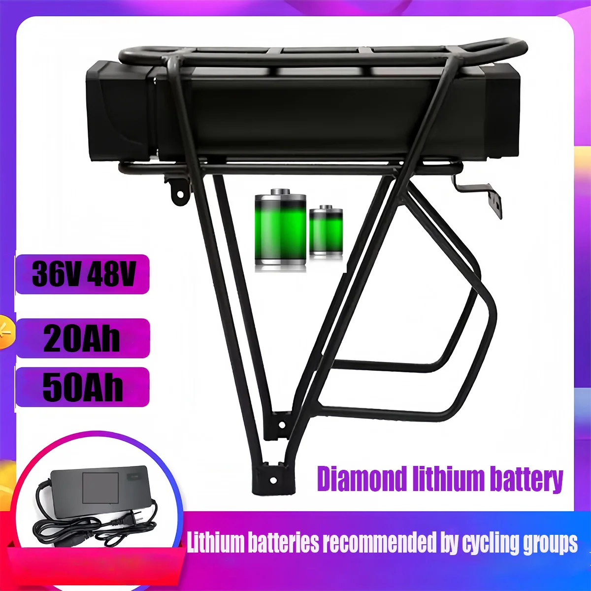 52V 48V 36V Original High Quality 20AH 40AH 50AH Rear Rack Batteria Pack For 2000W 1500W 1000W 750W 500W 350W Motor +Charger