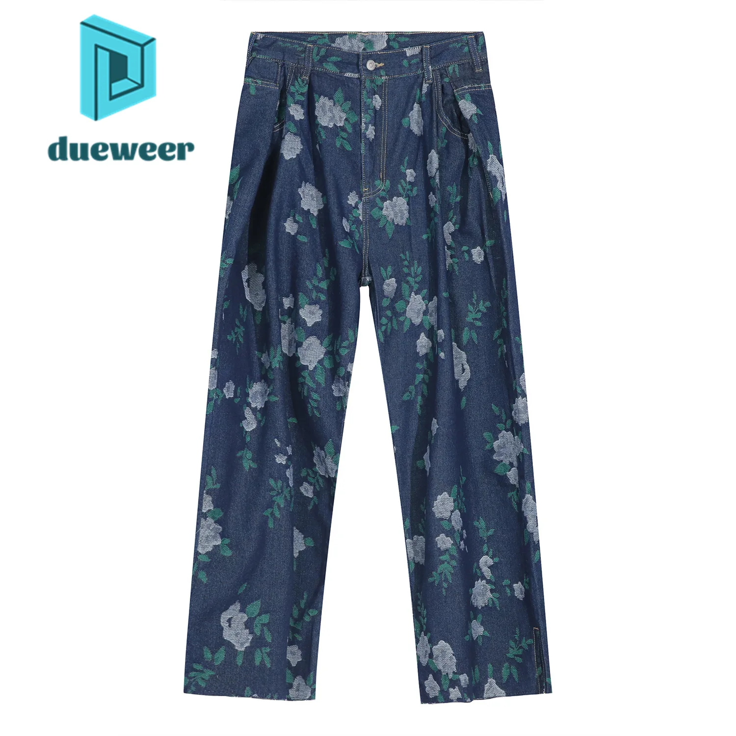 

DUEWEER Men Summer Printed Korean Fashion Slit Jeans Straight Baggy Trousers For Men Punk Casual Denim Pants Vintage Streetwear