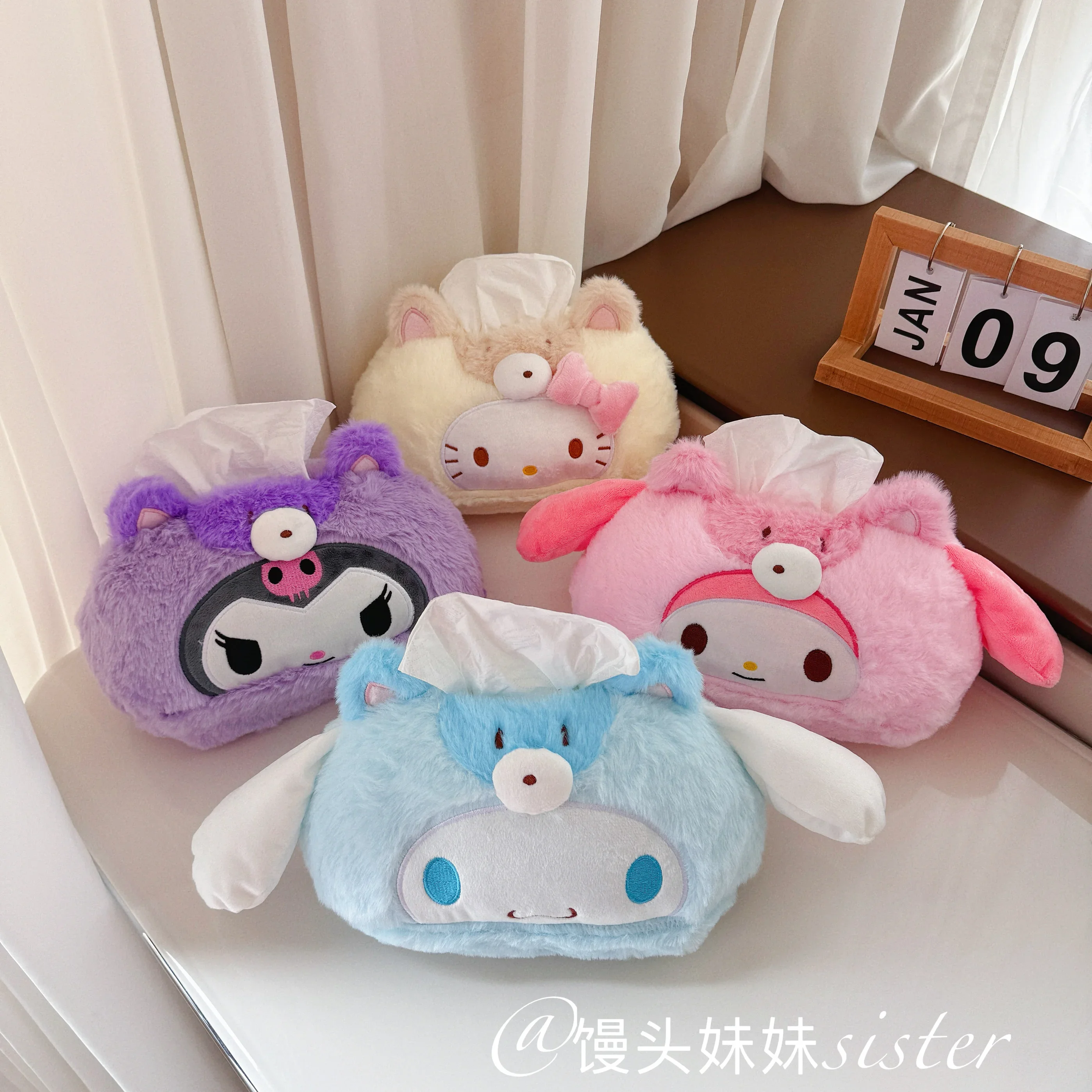 Sanrio caixa de tecido de pelúcia cinnamoroll minha melodia casa criativa capa de tecido de pelúcia kawaii kuromi olá kitty gaveta de papel presente da menina