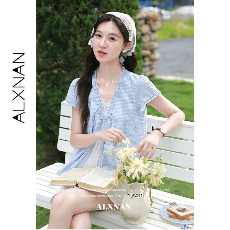 ALXNAN Blue Plaid Fake Two Piece Shirt 2026 Ruffle Trim V-neck Tie Detail Design Shirts Elegant Casual Ladies Clothing DYL662887 view 3