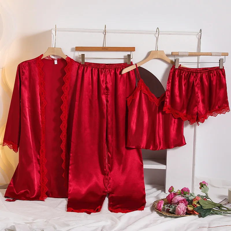 

Розовый комплект из 4 шт., кружевной лоскутный шелковый имитация комплекта, женский пижамный костюм, сексуальные шорты-бретельки, брюки, халат, новая летняя пижама Mujer, одежда для дома