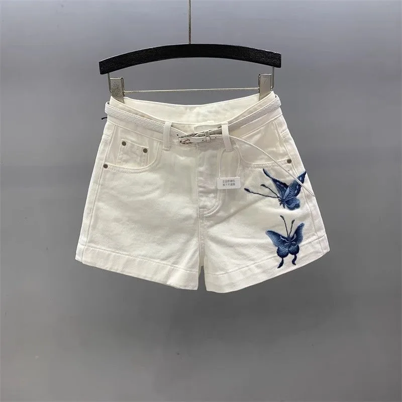 

Women's White Denim Garment with 3D Blue Butterfly Embroidery