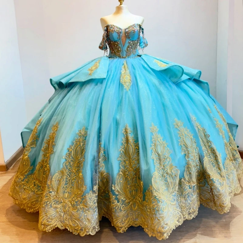 

Blue Shiny Quinceanera Dresses Off Shoulder Ball Gown Sweet 16 Dress Gold Applique Lace Beading Crystal Bow Corset Birthday