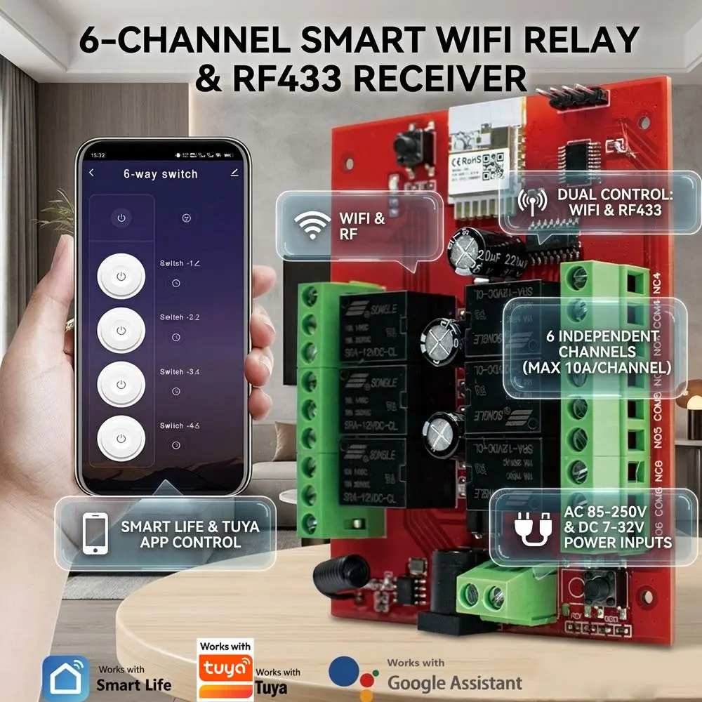 

Smart Switch WIFI Relay Module 6 Channels & Wireless RF433 Remote Control Receiver Work With Google Home Alexa For Tuya