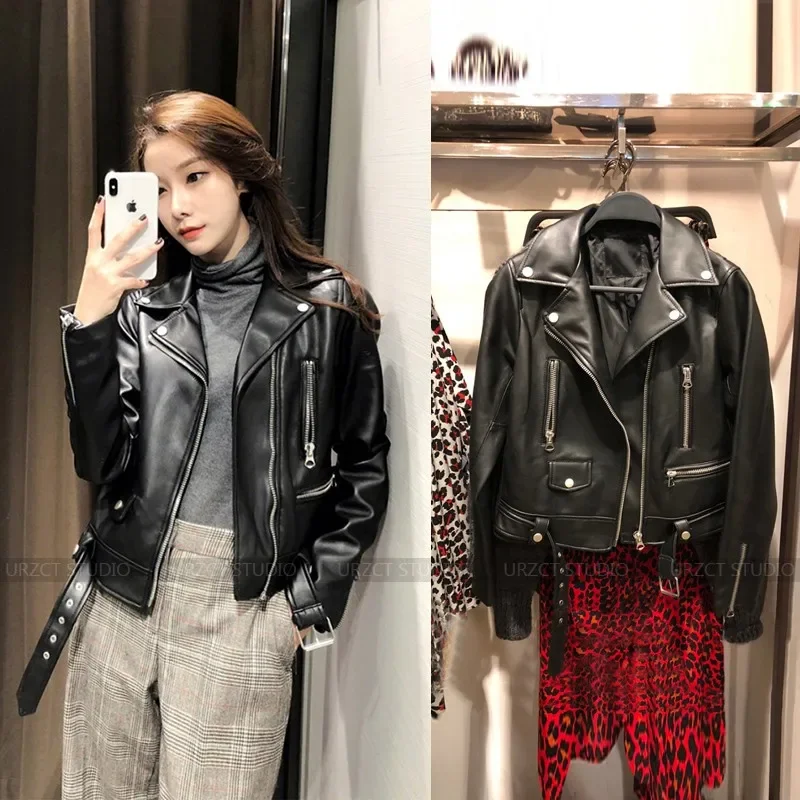 ZCWXM Women Pu Leather Jacket Zipper Belt Short Coat Autumn Female Black Punk Bomber Faux Leather Outwear