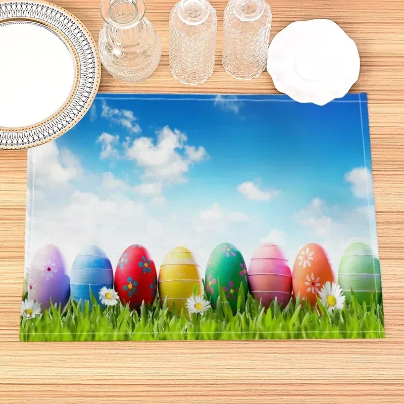 Home Decor Easter Print Linen Dining Table Mats Alphabet Kitchen Placemat 32X45cm Coasters Pads Bowl Cup Mat