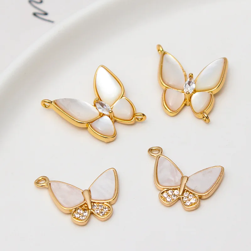 2pcs Copper Plated Gold Color Zircon Shell White Fritillaria Butterfly Pendant Diy Earrings Bracelet Material Handmade Charms
