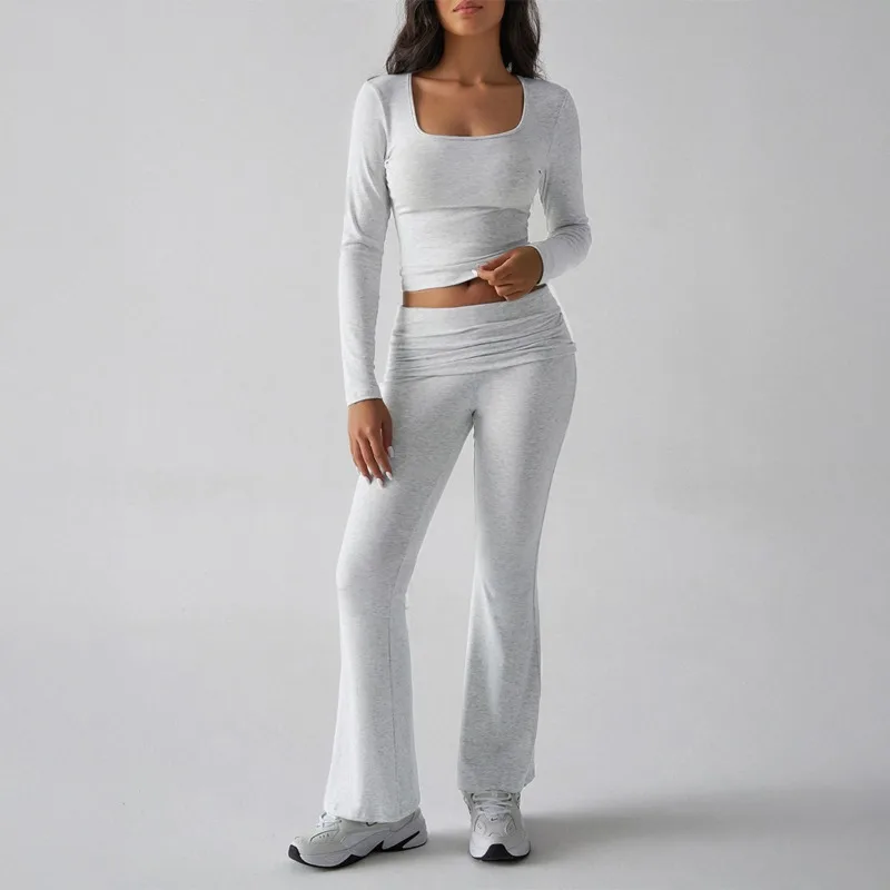 Women 2 Piece Outfit Square Neck Long Sleeve Short Tops Mid Waist Long Pants Y2k Casual Yoga Sport Pant Set Work Slim Fit Autumn